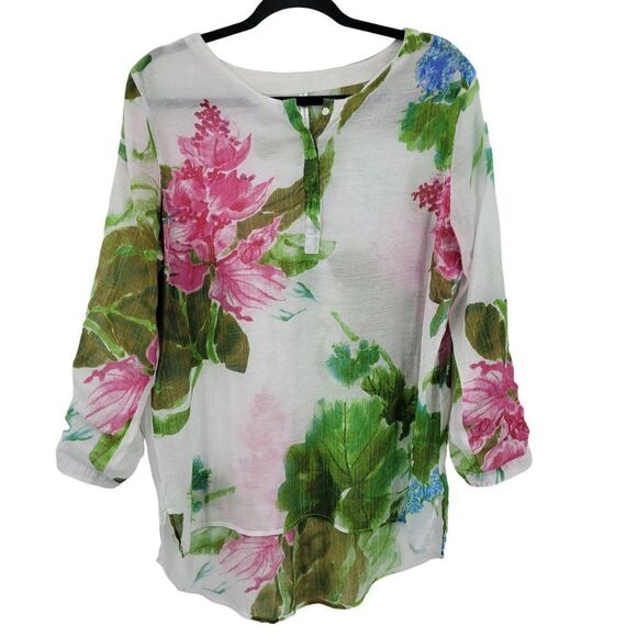 Vintage Tropical Gauze Beach Coverup Top Blouse XL White Floral Tab Sleeve Aloha - Picture 4 of 13